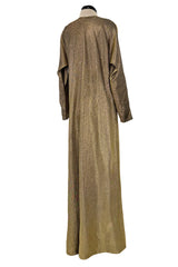 Wonderful 1970s Halston Metallic Gold Lame Lurex Full Length Caftan Dress w Notched Neckline