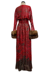 Incredible Fall 1979 Bill Blass Couture Red Silk Chiffon Dress w Gold Sequins & Mink Cuffs