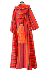 Incredible 1960s Josefa Striped Cotton Caftan Dress w Hood & Huge Orange Yarn Tassel Detailing