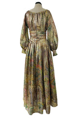 Gorgeous 1960s Unlabeled Gold Lurex Metallic Dress w Floral Print & Full Sleeves