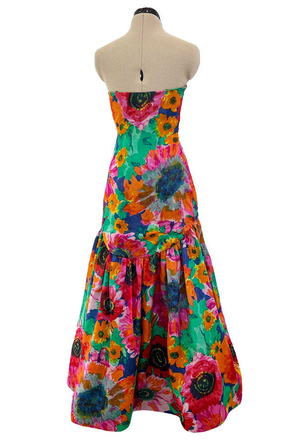 Exceptional Dated 1986 Arnold Scaasi Strapless Floral Print Silk Gazar Dress w Full Lower Skirts