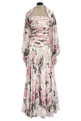 Prettiest 1970s Lanvin Couture Pastel Floral Print Strapless Silk Chiffon Dress w Balloon Sleeve Jacket