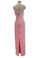 Prettiest 1980s Oleg Cassini Pink Silk Dress Covered in Iridescent Sequins w Silver Tube Bead Detailing & Trim