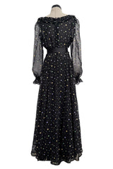 Prettiest 1970s Louis Feraud Black Chiffon Ruffled Dress w Multi Coloured Embroidered Dots