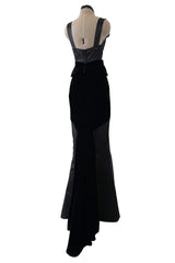 Phenomenal Fall 2002 Chanel by Karl Lagerfeld Black Silk Dress w Velvet Detail & Back Panel