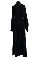 1969 Ossie Clark Bishop Sleeve Black Moss Crepe Dress w Button Front & Dog Ear Collar