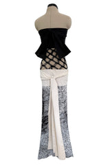 Fantastic Spring 2001 Jean Paul Gaultier Runway Multi Length Mesh Band Dress w Jersey Face Print Skirt
