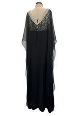 V Neck & Back 1990s Nina Ricci Black Silk Chiffon Caftan Dress w Sequin Bead & Rhinestone Detailing
