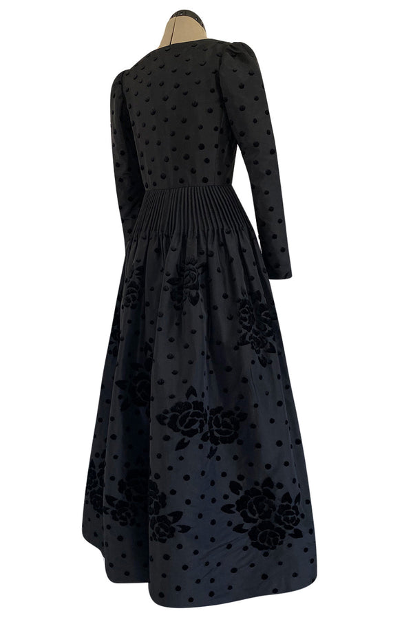 Fall 1974 Louis Mies Couture YSL Silk Taffeta Dress w Hand Embroidered Velvet Rose Detail