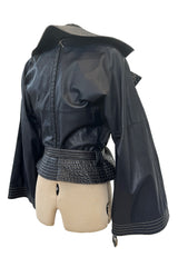 Fall 1982 Gianfranco Ferre Runway Black Blue Wrap Leather Jacket w Wide Sleeves & Huge Collar