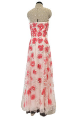 Dreamy 2000s Oscar de la Renta Pink Net & Floral Silk Dress w Bead & Flower Sequin Detailing