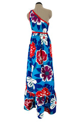 Prettiest 1977 Oscar de la Renta for Swirl One Shoulder Printed Bright Floral Cotton Dress w Ruffled Hem