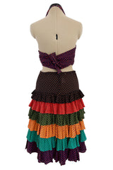 Prettiest Spring 1971 Yves Saint Laurent Documented Dotted Ruffle Skirt & Tie Halter Top Set