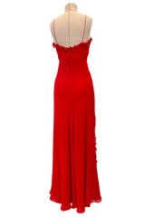 Magical 1990s Bill Blass Perfectly Minimalist Bias Cut Red Silk Chiffon Dress w Tiny Ruffle Detailing