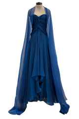 Prettiest Spring 1990 Oscar De La Renta Deep Sapphire Blue Silk Chiffon Strapless Dress w Matching Cape