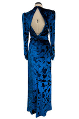 Fabulous Fall 1986 Bill Blass Runway Brilliant Blue Silk Velvet Dress w Open Cut Out Back