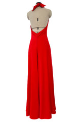 Amazing 1970s Halston Red Jersey Halter Neck Jumpsuit w Open Bare Back & Ultra Wide Legs