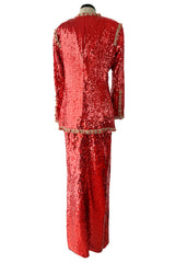Bright Red 1980s Balenciaga Le Dix Sequin Jacket & Skirt Suit w Gold Braiding & Beadwork Detailing