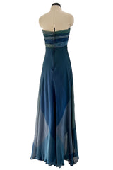 Spring 1990 Oscar De La Renta Ocean Blues Silk Chiffon Strapless Dress w Gathered Bodice