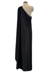 Original 1978 Halston Couture Main Label Black Jersey One Shoulder Draped Full Length Maxi Dress