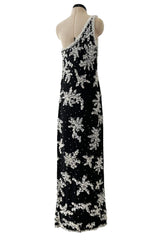 Incredible 1960s Adolfo Black Silk Chiffon One Shoulder Dress w Extensive Hand Bead & Sequin Detailing