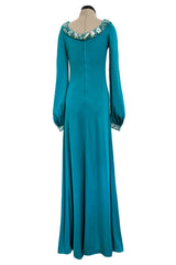 Stunning Spring 1971 Loris Azzaro Deep Turquoise Silk Jersey Dress w Densely Beaded Plunging Front Detail