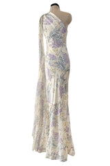 Gorgeous Fall 2003 Ungaro by Giambattista Valli One Shoulder Printed Silk Chiffon Dress w Trailing Panel
