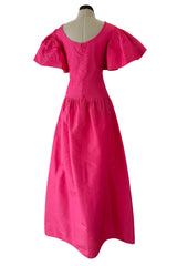 Prettiest 1980s Pierre Cardin Bright Pink Dress w Puff Sleeves & Flat Pleating