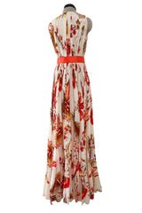 Prettiest 1980s Bill Blass Pleated Silk Chiffon Dress w Coral Flower & Fern Print