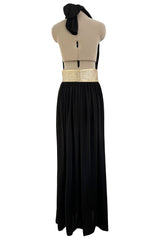 Documented 1981 Bill Tice Plunge Front Black & Gold Nylon Jersey Backless Halter Dress