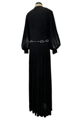 Gorgeous 1960s James Galanos Meticulously Pleated Black Silk Chiffon Dress w Elaborate Belt