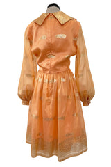 Prettiest 1960s Oscar De La Renta Peach Iridescent Silk Organza Dress w Gold Thread Detailing