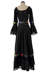 Beautiful 1960s Original Mexican Tourist Black Pin Tuck Dress w Hand Embroidered Flowers