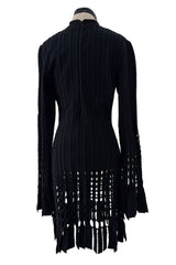Important & Rare Fall 1993 Azzadine Alaia Black Ribed Knit Laser Cut Out & Fringe Dress