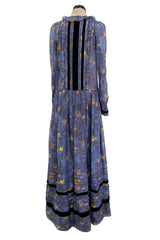 Prettiest 2000s Rochas by Olivier Theyskens Blue Silk Floral Watercolour Dress w Ruffles & Velvet Trim