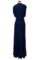 Resort 1986 Yves Saint Laurent Deep Plunge Front Blue Draped Silk Jersey Dress
