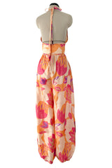 Amazing Late 1970s Bill Tice Printed Tissue Silk Backless Jumpsuit w Balloon Pouf Legs
