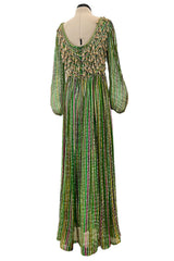 Exquisite 1960s James Galanos Metallic Green & Gold Silk Dress w Heavily Beaded Bodice