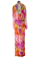 Extraordinary 1970s James Galanos Couture Floral Print Silk Chiffon Dress w Beaded Butterfly Detailing