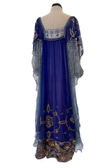 1960s Bloomingdales Label Royal Blue Silk Chiffon & Gold Thread Caftan
