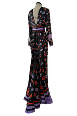 Rare Spring 1979 Chloe by Karl Lagerfeld Floral & Stripe Print Silk Dress w Matching Striped Belt