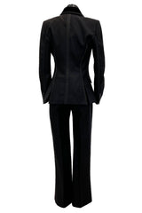 Chic Fall 2002 Yves Saint Laurent by Tom Ford Black Pant Suit w Velvet Trim & Curved Sleeves