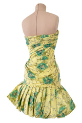 Documented Spring 1988 Emanuel Ungaro Pale Yellow Silk Taffeta Strapless Dress w Floral Print