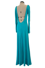 Spectacular Early 1970s Loris Azzaro Plunging Turquoise Silk Jersey w Open Rhinestone Rings