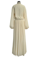 1970s Lanvin by Jules-Francois Crahay Couture Ivory Silk Chiffon & Floral Silk Ribbon Dress