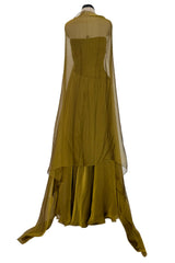 Fall 1989 Oscar de la Renta Iridescent Green Gold Silk Chiffon Strapless Dress w Matching Cape