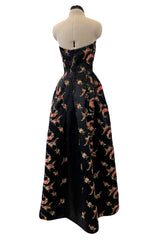 Dreamy 1960s Unlabeled Strapless Black Dress w Front Pink Panel & Floral Embroidery