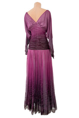 Rare 1970s Bill Gibb Deep Pink Ombre Hand Dyed Silk Chiffon Dress w Fused Glitter Detailing