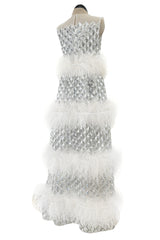 Fantastic Fall 2019 Huishan Zhang Silver Sequin on White Net & Organza Dress w Feather Detailing