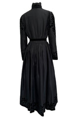 Early 1980s Louis Feraud Black Silk Tafetta Dress w Puff Shoulder Sleeves & Velvet Detailing
